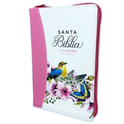 Biblia con Cierre Letra Grande 12 puntos Reina Valera 1960 imitación piel rosa pajaro floral con índice y canto pintado primaveral rosado