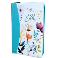 Biblia con Cierre Letra Grande 12 puntos para Mujer Reina Valera 1960 imitación piel turquesa con índice y canto floral